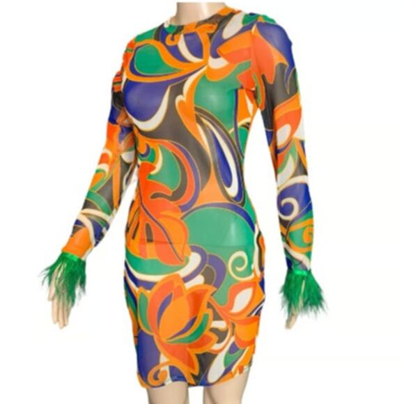 Cherie LA Women's Size Medium Mini Dress Sheer 70’s Hippie Psychedelic Body Con - Picture 12 of 12